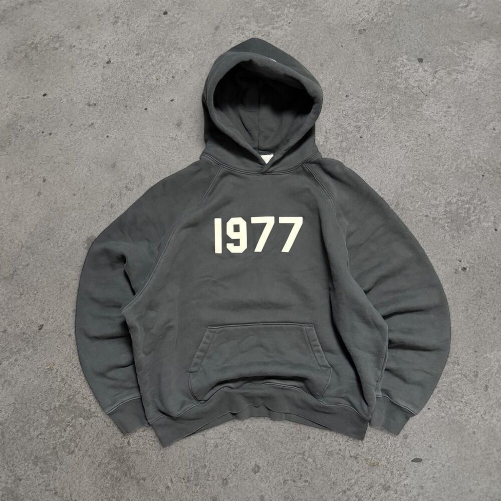 Fear of God Essentials 1977 Hoodie with white text reading '1977' Menβs Size L